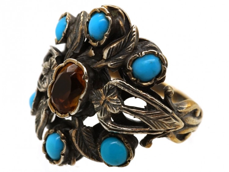 Silver Arts & Crafts Ring Set With Turquoise & a Citrine