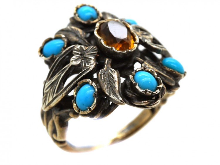 Silver Arts & Crafts Ring Set With Turquoise & a Citrine