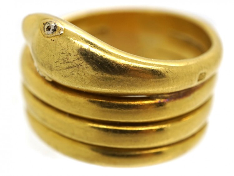 Victorian 18ct Gold Wide Snake Ring With Diamond Eyes