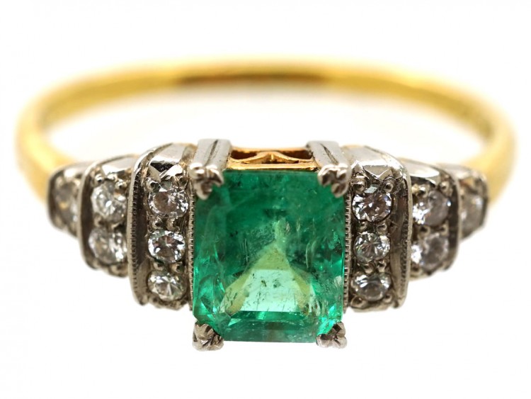 Art Deco 18ct Gold, Platinum, Emerald & Diamond Ring