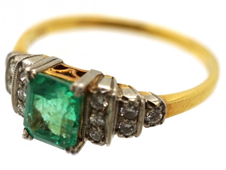 Art Deco 18ct Gold, Platinum, Emerald & Diamond Ring