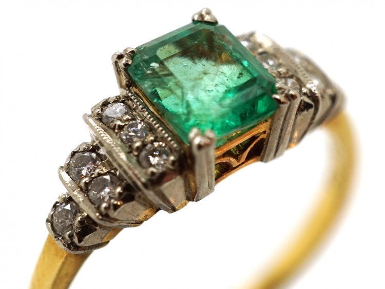 Art Deco 18ct Gold, Platinum, Emerald & Diamond Ring