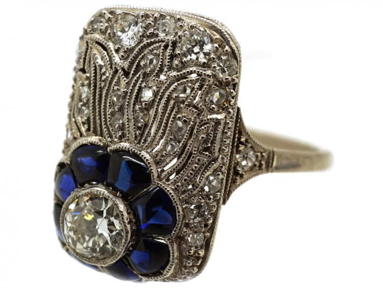 Art Deco 18ct White Gold, Diamond & Synthetic Sapphire Flower Ring