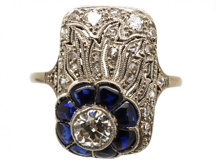 Art Deco 18ct White Gold, Diamond & Synthetic Sapphire Flower Ring