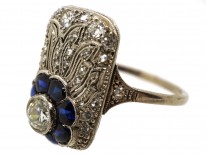 Art Deco 18ct White Gold, Diamond & Synthetic Sapphire Flower Ring