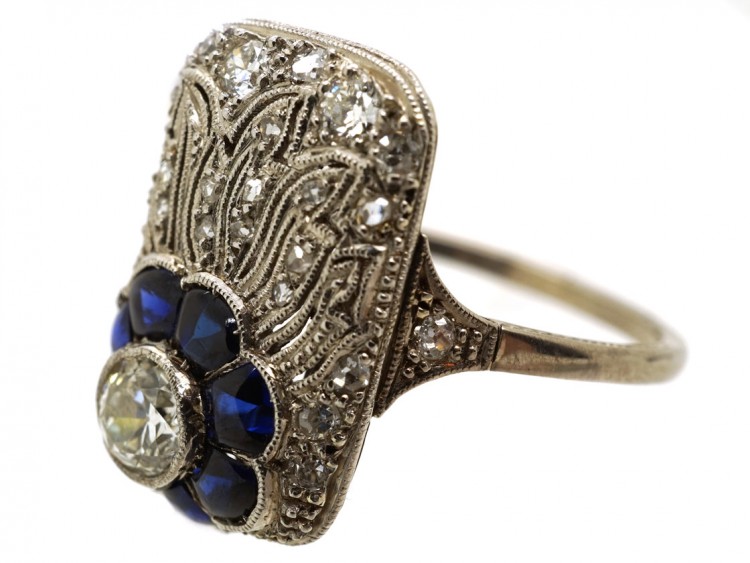 Art Deco 18ct White Gold, Diamond & Synthetic Sapphire Flower Ring