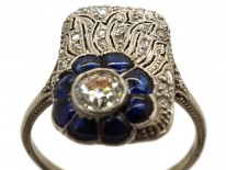 Art Deco 18ct White Gold, Diamond & Synthetic Sapphire Flower Ring