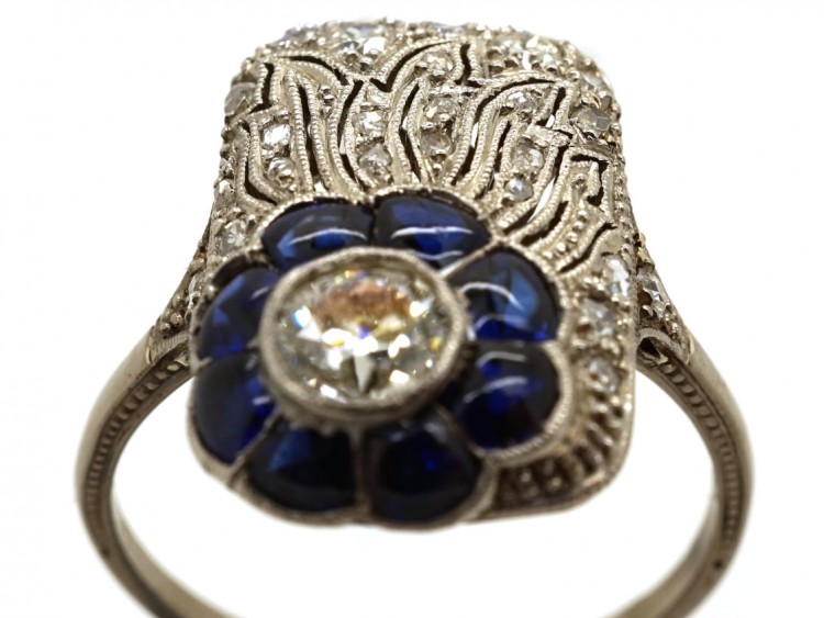 Art Deco 18ct White Gold, Diamond & Synthetic Sapphire Flower Ring
