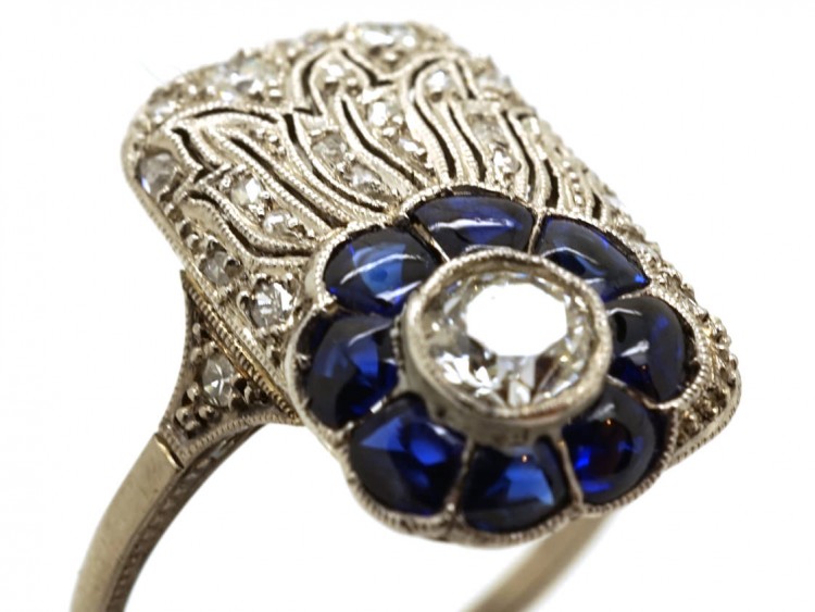 Art Deco 18ct White Gold, Diamond & Synthetic Sapphire Flower Ring