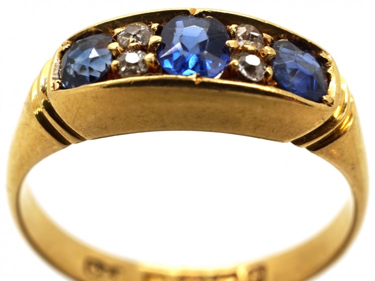 Edwardian 18ct Gold, Three Stone Sapphire & Diamond Ring