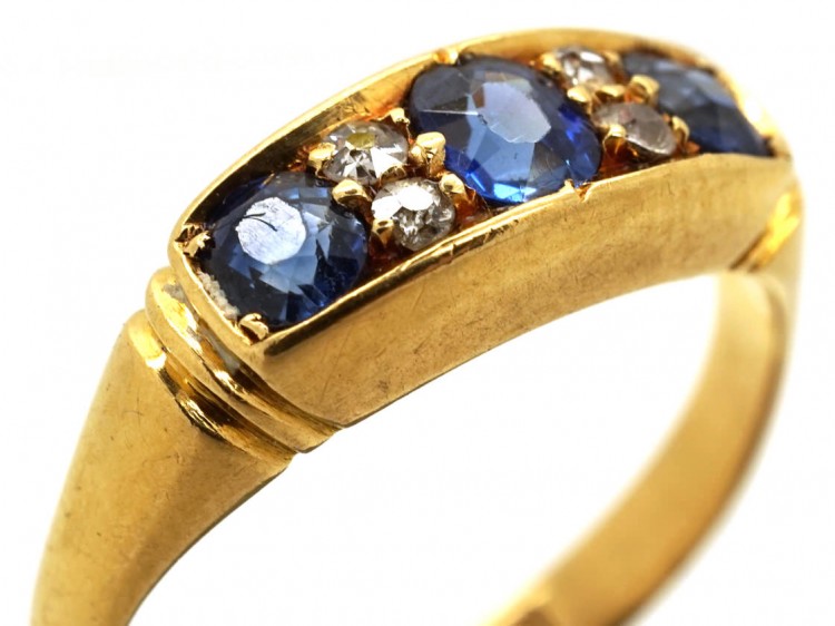 Edwardian 18ct Gold, Three Stone Sapphire & Diamond Ring