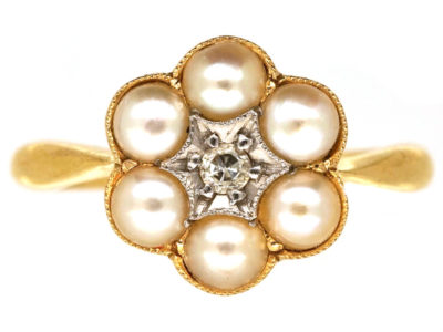 Edwardian 18ct Gold, Natural Split Pearl & Diamond Ring