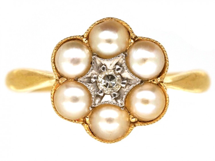 Edwardian 18ct Gold, Natural Split Pearl & Diamond Ring