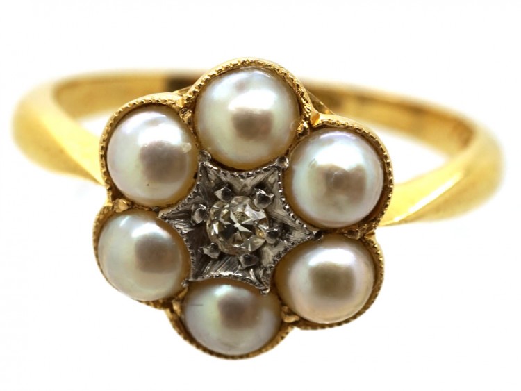 Edwardian 18ct Gold, Natural Split Pearl & Diamond Ring