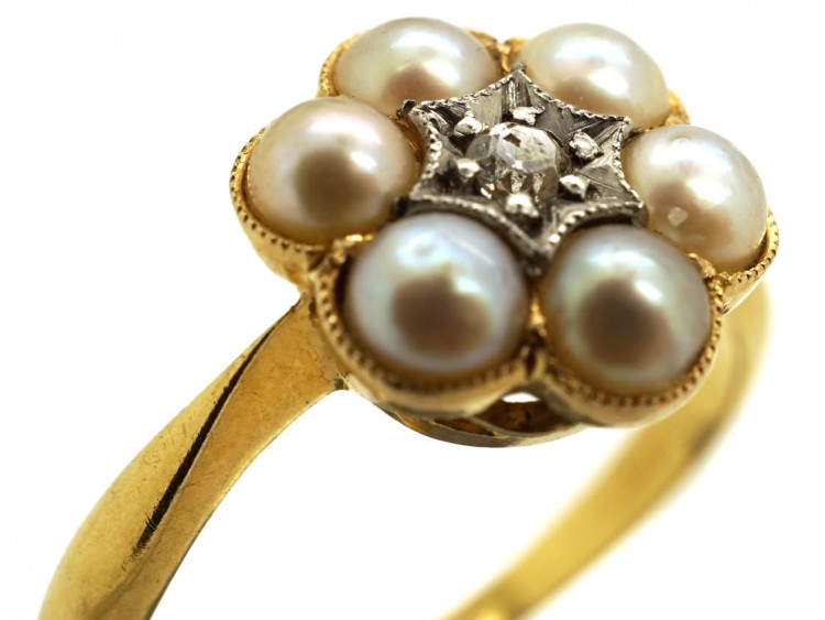 Edwardian 18ct Gold, Natural Split Pearl & Diamond Ring