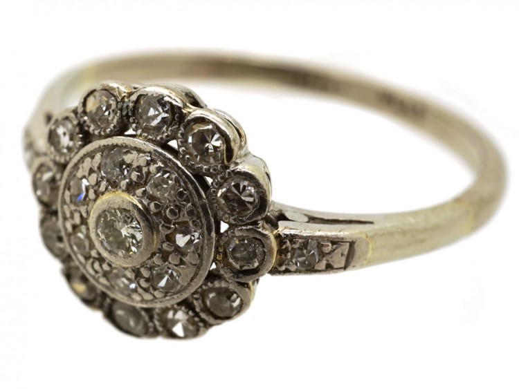 Edwardian 18ct White Gold & Platinum, Diamond Cluster Ring With Diamond Shoulders