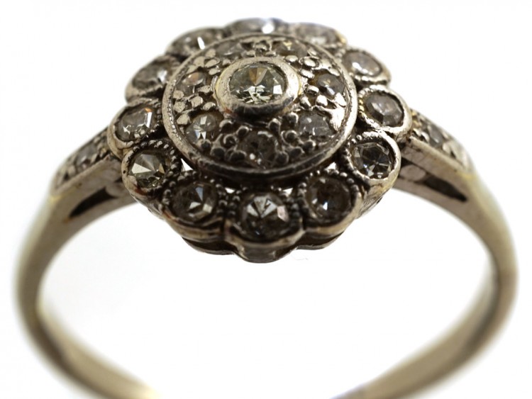 Edwardian 18ct White Gold & Platinum, Diamond Cluster Ring With Diamond Shoulders