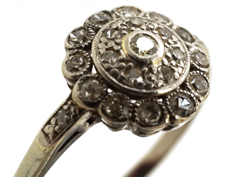 Edwardian 18ct White Gold & Platinum, Diamond Cluster Ring With Diamond Shoulders