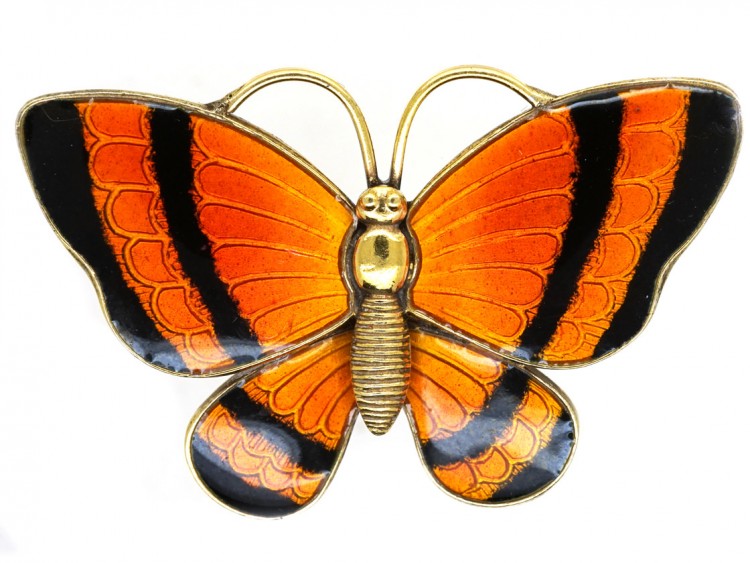 Silver Gilt Orange & Black Enamel Butterfly Brooch by Volmer Bahner