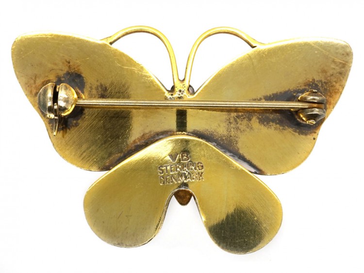 Silver Gilt Orange & Black Enamel Butterfly Brooch by Volmer Bahner