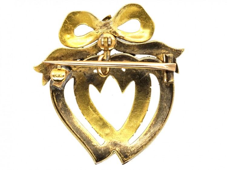Edwardian 14ct Gold & Natural Split Pearl Double Heart Brooch