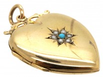 9ct Back & Front, Gold Turquoise & Natural Split Pearl Heart Shaped Locket