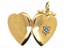 9ct Back & Front, Gold Turquoise & Natural Split Pearl Heart Shaped Locket