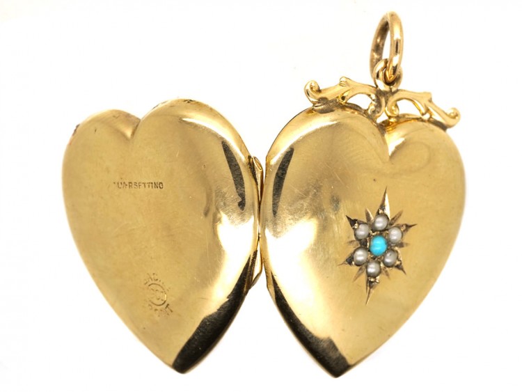 9ct Back & Front, Gold Turquoise & Natural Split Pearl Heart Shaped Locket