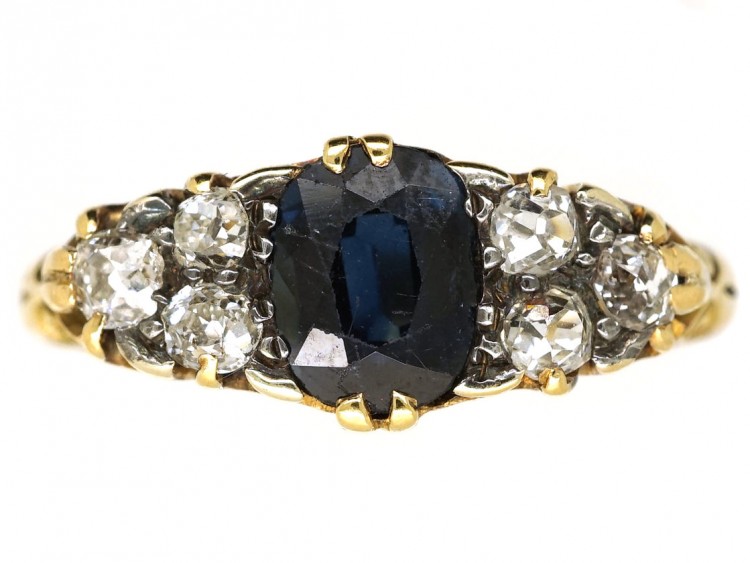 Victorian 18ct Gold, Sapphire & Diamond Carved Half Hoop Ring