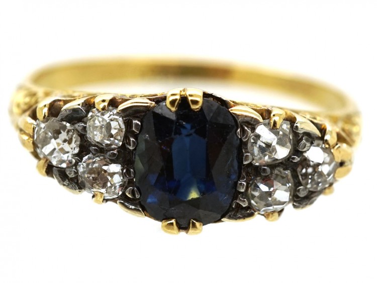 Victorian 18ct Gold, Sapphire & Diamond Carved Half Hoop Ring