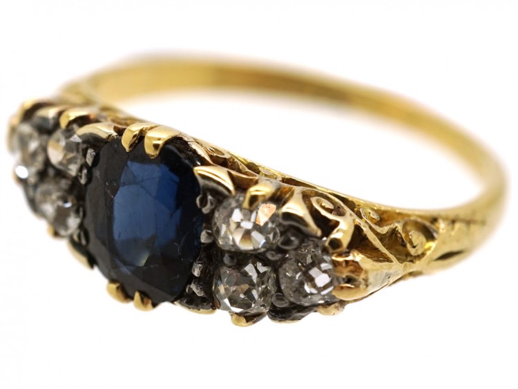 Victorian 18ct Gold, Sapphire & Diamond Carved Half Hoop Ring
