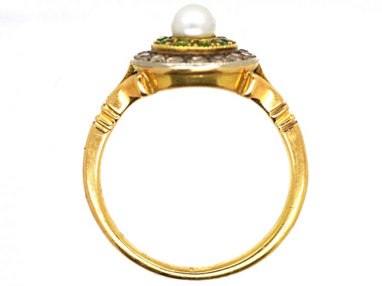 Edwardian 18ct Gold, Green Garnet, Diamond & Pearl Target Ring