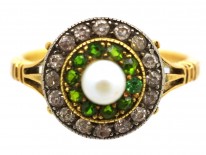 Edwardian 18ct Gold, Green Garnet, Diamond & Pearl Target Ring
