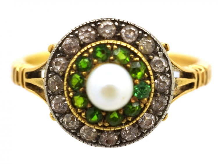 Edwardian 18ct Gold, Green Garnet, Diamond & Pearl Target Ring