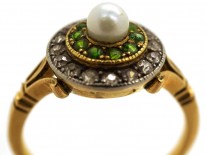 Edwardian 18ct Gold, Green Garnet, Diamond & Pearl Target Ring