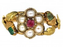 Georgian Two Colour Gold, Pearl, Ruby & Emerald Cluster Ring With Acorns on the Shoulders