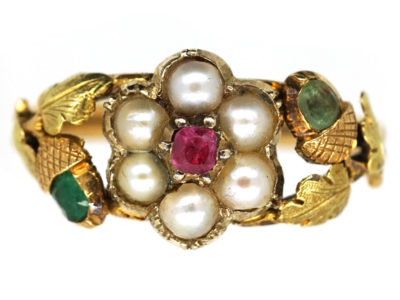 Georgian Two Colour Gold, Pearl, Ruby & Emerald Cluster Ring With Acorns on the Shoulders