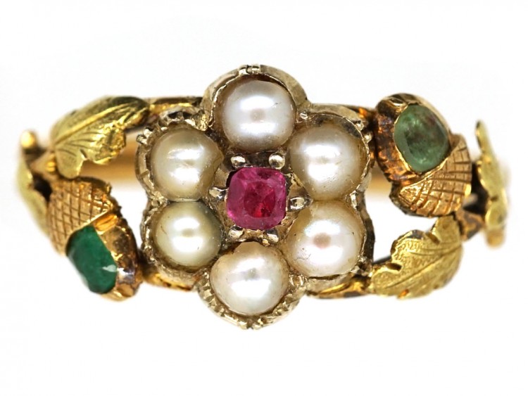 Georgian Two Colour Gold, Pearl, Ruby & Emerald Cluster Ring With Acorns on the Shoulders