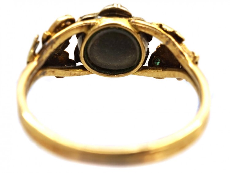 Georgian Two Colour Gold, Pearl, Ruby & Emerald Cluster Ring With Acorns on the Shoulders