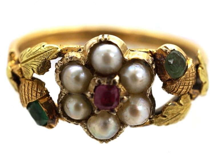 Georgian Two Colour Gold, Pearl, Ruby & Emerald Cluster Ring With Acorns on the Shoulders