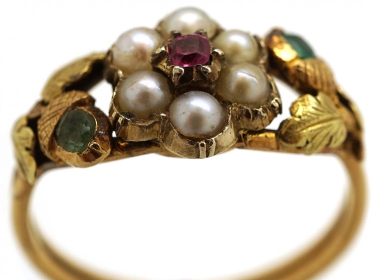 Georgian Two Colour Gold, Pearl, Ruby & Emerald Cluster Ring With Acorns on the Shoulders