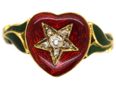 18ct Gold Red & Green Enamel & Diamond Heart Shaped Ring