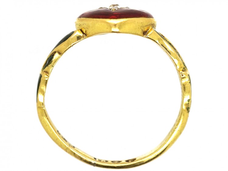 18ct Gold Red & Green Enamel & Diamond Heart Shaped Ring