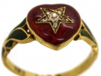 18ct Gold Red & Green Enamel & Diamond Heart Shaped Ring