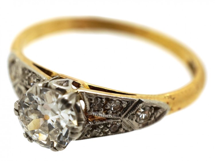 Art Deco Diamond Solitaire Ring With Diamond Shoulders