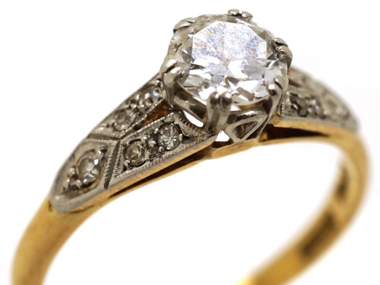 Art Deco Diamond Solitaire Ring With Diamond Shoulders