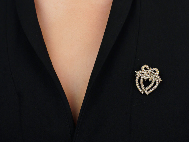 Edwardian 14ct Gold & Natural Split Pearl Double Heart Brooch