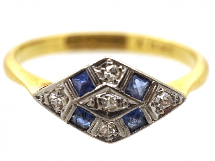 Art Deco 18ct Gold & Platinum, Sapphire & Diamond, Diamond Shaped Ring