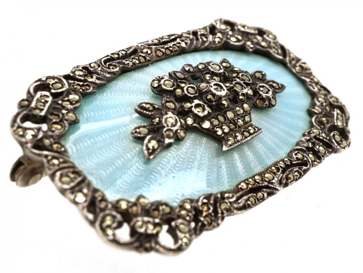 Art Deco Silver, Pale Blue Enamel & Marcasite Flower Basket Brooch