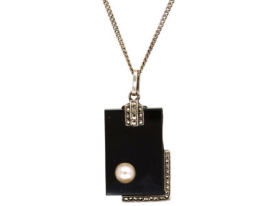Art Deco Silver, Onyx, Marcasite & Pearl Pendant on a Silver Chain